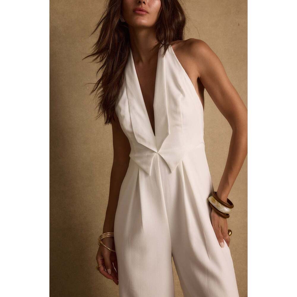 12th Tribe Astoria White Plunge Halter Tailored Jumpsuit Size MM